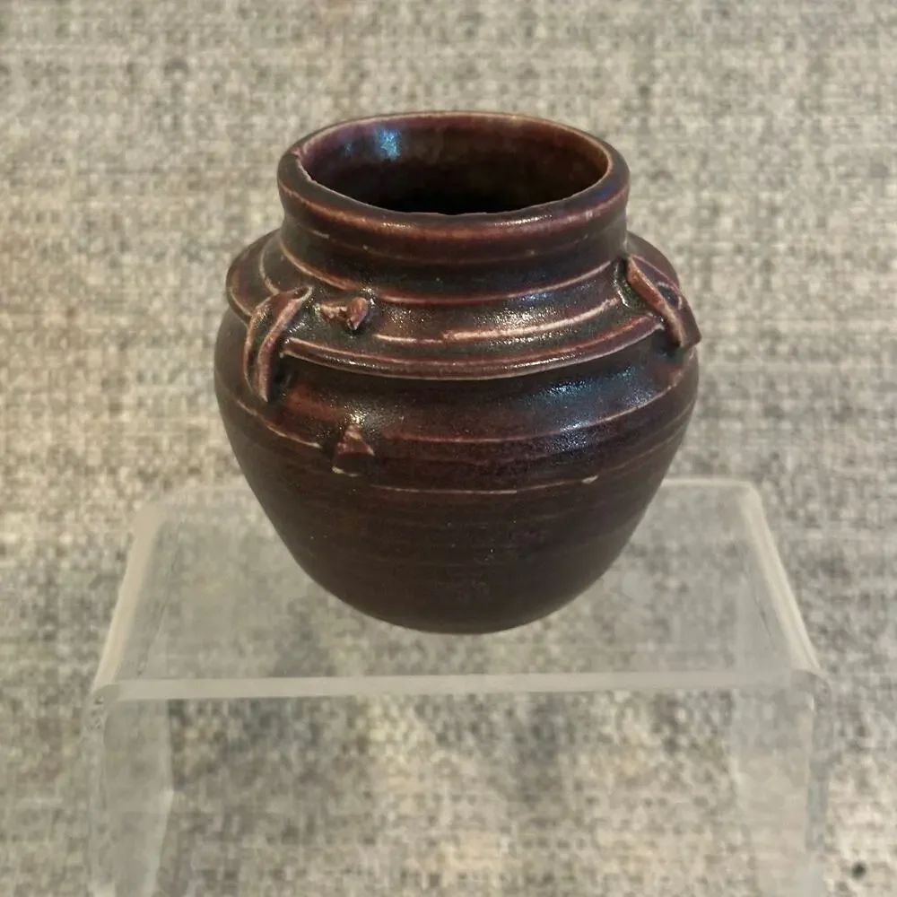 Signed Studio Pottery Mini Bud Vase w/ Builtin Flower Frog Sig on (illegible)